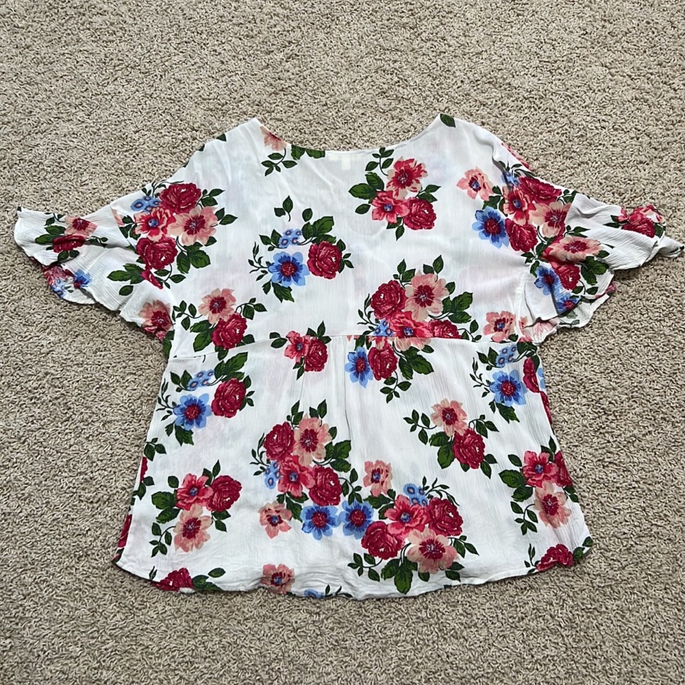Kori America Size Small White, Pink, Blue Floral Casual Linen Shirt - Picture 2 of 5